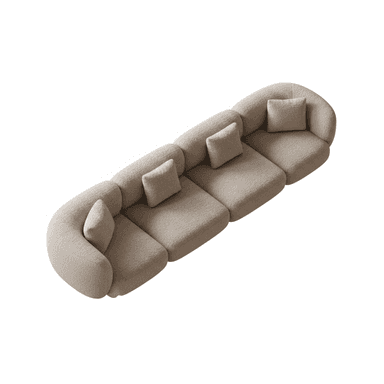 An overhead view of a contemporary modular sectional sofa. The sofa features multiple curvilinear sections, allowing for flexible arrangements. It is upholstered in a textured boucle fabric, likely in an ecru or light beige color, and includes matching square-shaped scatter cushions. — 3D model (AI enhanced source)