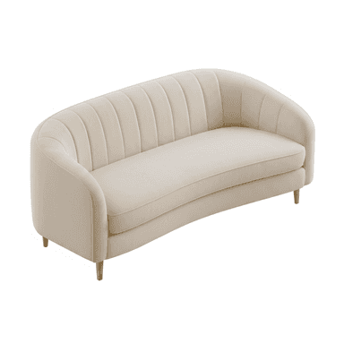 A cream-colored, channel-tufted sofa with a curved silhouette and tapered wooden legs. The sofa features a rounded backrest with vertical channeling and a seat cushion. The arms are integrated into the backrest's curve. — 3D model (AI enhanced source)
