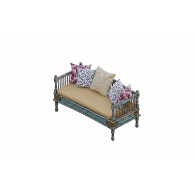 A wooden daybed featuring a heavily distressed teal and green painted finish, carved details, and spindle side rails. It includes a single large beige seat cushion and is adorned with four patterned accent pillows in purple, cream, and white. — 3D model (AI enhanced source)