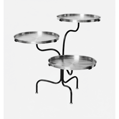 A modern three-tiered accent table featuring circular, brushed metal trays supported by an organically curved black metal frame with brass-capped feet. — 3D model (AI enhanced source)