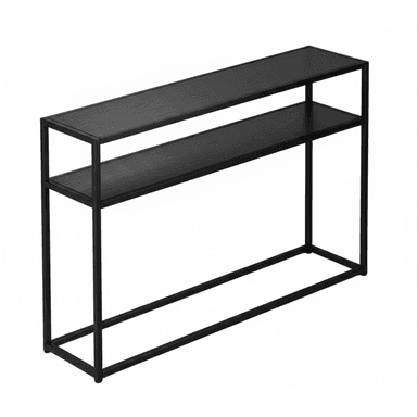 A slim, two-tiered console table featuring a minimalist design with a black metal frame and two dark, presumably wood-effect, rectangular shelves. — 3D model (AI enhanced source)