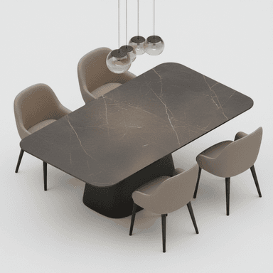 A modern dining set featuring a rectangular table with rounded corners and a pedestal base, accompanied by four upholstered chairs. Above the table, a cluster of four pendant lights with spherical glass shades is suspended. — 3D model (AI enhanced source)