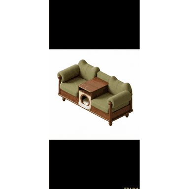A two-seater sofa featuring a solid wooden frame, green fabric upholstery, and integrated elements including a central wooden console table and a pet bed nook beneath it. — 3D model (AI enhanced source)