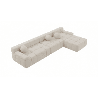 A modular sectional sofa with a tufted, upholstered design. It features a light cream or off-white fabric and includes multiple square seat cushions and back cushions, along with decorative spherical throw pillows. The configuration appears to be a chaise lounge attached to a longer sofa section. — 3D model (AI enhanced source)