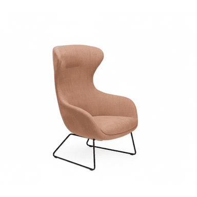 A contemporary high-back lounge chair with a minimalist design, featuring a fully upholstered seat and back in a light peach/terracotta woven fabric. The chair's enveloping form includes subtle integrated armrests, and it is supported by a slender, black powder-coated metal sled base. — 3D model (AI enhanced source)