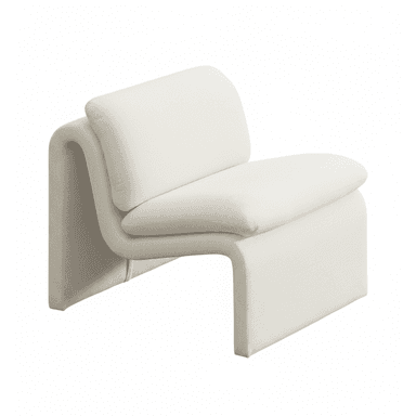 A contemporary armchair with a unique, sculptural design. It features a continuous, curved form that creates the seat, backrest, and armrests. The upholstery is a textured, light-colored fabric. The armchair appears to be a single, cohesive unit with no visible separate legs. — 3D model (AI enhanced source)