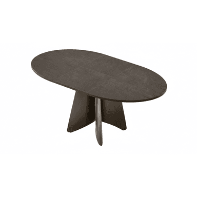 An oval dining table featuring a dark, tile-effect tabletop supported by a sculptural, multi-blade pedestal base, all in a cohesive dark gray finish. — 3D model (AI enhanced source)