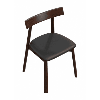 An armless modern dining chair featuring a dark brown wooden frame and a black upholstered seat. The backrest is a gently curved wooden piece, connected to two slender, slightly angled rear legs. The front legs are also slender and angled, providing a stable base. The overall design is minimalist and contemporary. — 3D model (AI enhanced source)