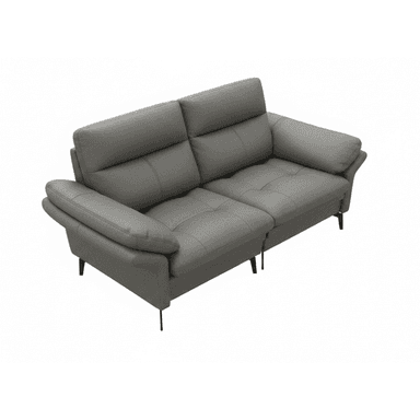 A modern two-seater sofa with plush, channeled backrests and seat cushions. The sofa features slightly rounded armrests and is supported by slender black metal legs. The upholstery appears to be a textured fabric in a neutral gray tone. — 3D model (AI enhanced source)