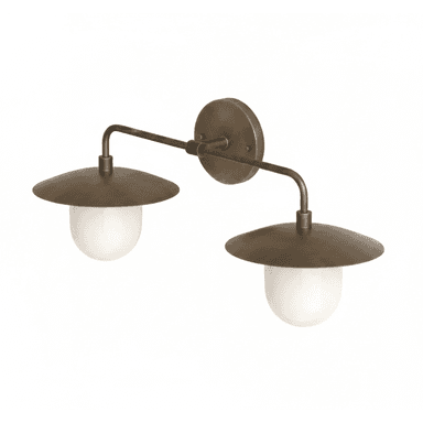 A dual-light wall sconce featuring an antique brass finish. It has a circular backplate from which a horizontal arm extends, supporting two light fixtures. Each fixture consists of a downward-facing conical brass shade covering a spherical opal glass diffuser. The design is clean and functional. — 3D model (AI enhanced source)