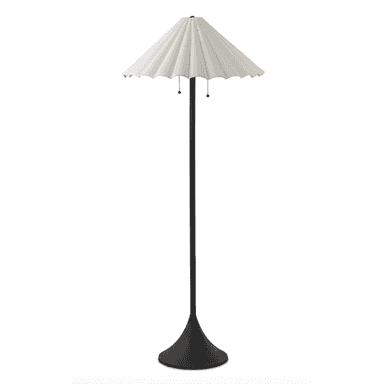 A modern floor lamp featuring a pleated, scalloped white fabric shade supported by a slender dark-colored pole. The pole is anchored by a matching dark, conical base. The shade includes a pull-chain switch. — 3D model (AI enhanced source)