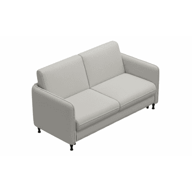 A modern two-seater sofa, also known as a loveseat, upholstered in a light gray textured fabric, featuring clean lines, removable back and seat cushions, and supported by small, dark, tapered legs. — 3D model (AI enhanced source)