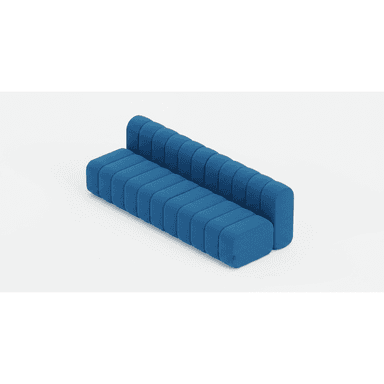 A low-profile, modular sofa with a distinctive channel-tufted design. The sofa is upholstered in a textured blue fabric and features rounded edges. It appears to be composed of two connected seating modules, forming an 'L' or angular shape when viewed from above, though the render suggests a linear arrangement with an integrated backrest. The minimalist aesthetic suggests a contemporary or modern design. — 3D model (AI enhanced source)