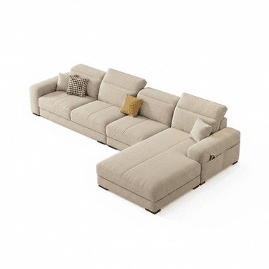 A modern, modular L-shaped sectional sofa upholstered in light beige fabric, featuring multiple seating sections including a prominent chaise lounge. The backrests are equipped with adjustable headrests for enhanced comfort, and the armrest of the chaise section includes integrated storage pockets. The sofa rests on low-profile dark feet, presenting a clean and contemporary aesthetic. — 3D model (AI enhanced source)