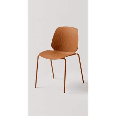 A modern armless chair featuring a single-piece molded seat and back with a fine vertical ribbed texture, supported by a matching slender metal frame, all in a burnt orange finish. — 3D model (AI enhanced source)