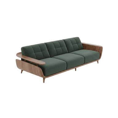 A mid-century modern three-seater sofa featuring an exposed walnut wood frame and dark green velvet upholstery. The sofa has three individual seat cushions and three tufted back cushions. The wooden frame forms distinctive curved armrests and a streamlined base supported by short, tapered legs. — 3D model (AI enhanced source)