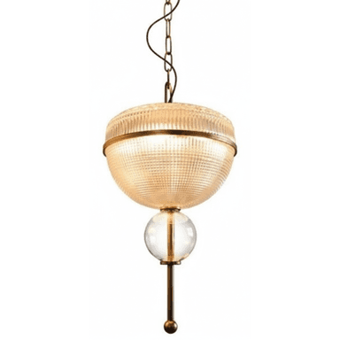 A sophisticated pendant light featuring a large, ribbed glass dome shade with a textured surface, banded by a polished brass ring. Suspended by a brass chain, the fixture extends downwards to a clear glass sphere, which is itself connected to a slender brass rod culminating in a small brass orb at its base. The design evokes a blend of vintage charm and refined modernity. — 3D model (AI enhanced source)