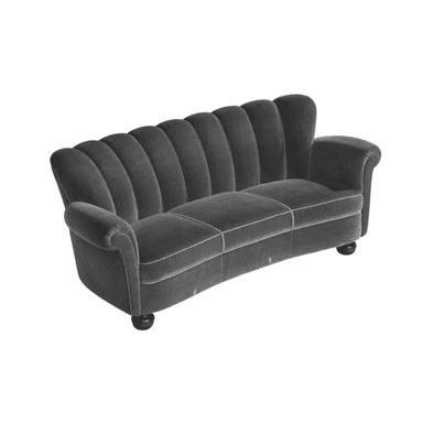 A curved, three-seater sofa upholstered in dark grey velvet. The backrest features a distinctive fluted or channeled design with vertical seams creating segmented panels. The sofa has rolled arms and is supported by short, dark wooden bun feet. — 3D model (AI enhanced source)