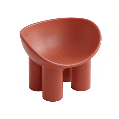 A low-profile, single-piece molded chair featuring a deep, cradling seat and backrest, supported by three thick, cylindrical legs. The entire structure is rendered in a matte reddish-brown finish, exhibiting smooth, rounded contours throughout its minimalist design. — 3D model (AI enhanced source)