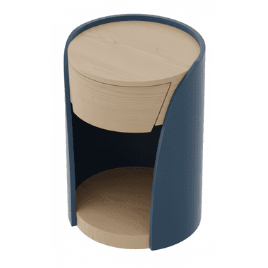 A cylindrical nightstand with a rounded top surface and a single drawer. The exterior is a deep blue, while the drawer front, top, and an open shelf at the base are made of light-colored wood, likely ash or pine, with a visible grain pattern. The design features a modern, minimalist aesthetic with curved lines. — 3D model (AI enhanced source)