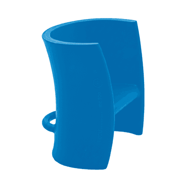A bright blue, single-piece molded plastic armchair with a distinct, curved form. It features a wide, U-shaped backrest that flows into integrated armrests and a flat seat panel. A small loop handle is present on one side, suggesting portability. The design is contemporary and minimalist, indicative of modern molded furniture. — 3D model (AI enhanced source)