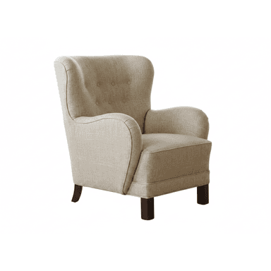 An upholstered wingback armchair featuring a high back with button tufting, rounded winged sides, and rolled arms. The chair is covered in a light beige or natural-toned textured fabric and stands on four dark, square-tapered wooden legs. — 3D model (AI enhanced source)