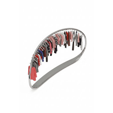 A modern, free-standing coat rack with a unique curved design. It features a polished metal frame that forms a semi-oval shape, supporting a horizontal rod along its upper curve. This rod is lined with multiple hangers displaying various garments. The base is a flat, elongated, curved metal piece that provides stability. The overall aesthetic is minimalist and sleek. — 3D model (AI enhanced source)