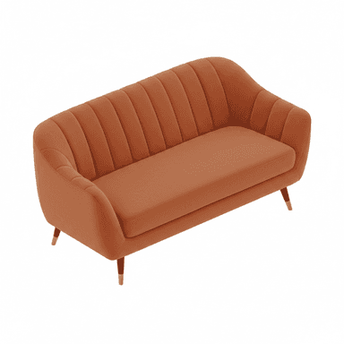 A terracotta orange loveseat featuring a distinct channel-tufted backrest and armrests, upholstered in velvet. The design includes a single, clean seat cushion and tapers down to four splayed wooden legs, each finished with a polished brass cap, indicating a mid-century modern aesthetic. — 3D model (AI enhanced source)