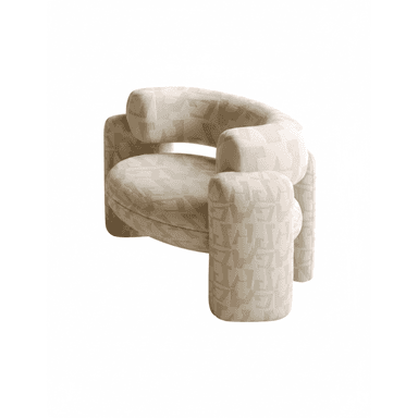 A modern upholstered armchair featuring a curved backrest and rounded, chunky armrests and legs, all covered in a cream-colored fabric with a subtle, geometric, repeating pattern. — 3D model (AI enhanced source)
