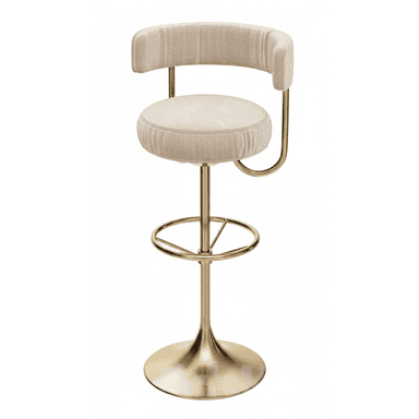 A contemporary bar stool featuring a rounded, upholstered seat and a partial integrated backrest, supported by a polished brass-toned metal frame. The stool incorporates a swivel mechanism and a circular footrest, resting on a sturdy trumpet-style base. — 3D model (AI enhanced source)