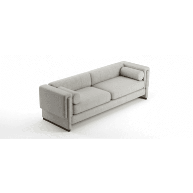 A modern, upholstered sofa with a rectilinear design. It features a low profile, clean lines, and broad, integrated armrests that flow into the backrest. The sofa is upholstered in a textured, light grey fabric and includes one cylindrical bolster pillow. The base is supported by a dark, low plinth. — 3D model (AI enhanced source)