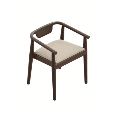 A contemporary armchair featuring a dark stained wooden frame and a light beige upholstered seat. It has a distinctive curved wooden backrest and armrest structure. — 3D model (AI enhanced source)