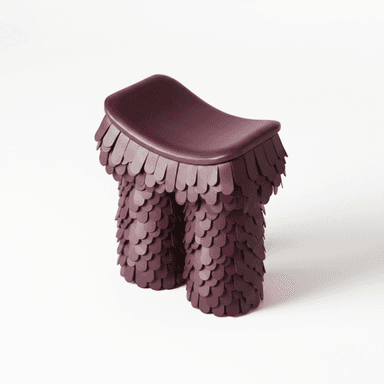 A burgundy, saddle-seat stool featuring a unique, scale-like textured base. The seat is smoothly curved, while the body below is entirely covered in overlapping, rounded panels, resembling feathers or scales. The monochromatic design suggests a modern, sculptural aesthetic. — 3D model (AI enhanced source)