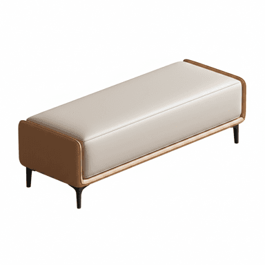 A sleek, rectangular upholstered bench featuring a light-colored cushion, elegantly framed by a warm brown wooden or faux leather border, and supported by four short, subtly splayed dark metal legs. — 3D model (AI enhanced source)