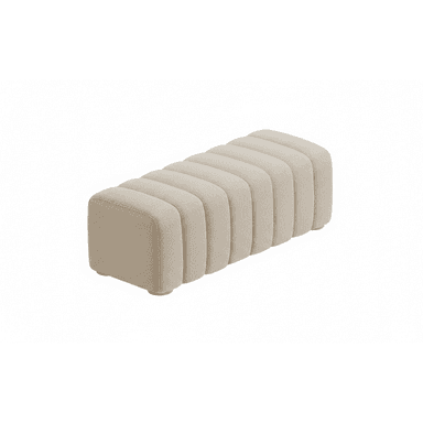 A long, rectangular upholstered bench featuring a channel-tufted design. It is covered in a light beige, textured boucle-like fabric and supported by low, discreet feet. — 3D model (AI enhanced source)