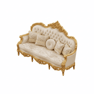 An ornate, traditional sofa featuring a gold leaf carved wooden frame and cream-colored tufted upholstery with floral accents. — 3D model (AI enhanced source)