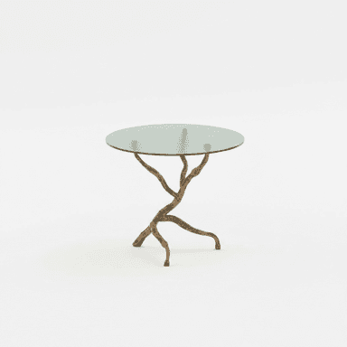A round glass-topped table with a sculptural base resembling intertwined branches or roots, finished in a textured, aged bronze or brass tone. — 3D model (AI enhanced source)