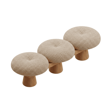 A modern bench featuring three distinct, circular, cushioned seats upholstered in a light-colored, textured boucle fabric. Each seat is supported by a short, solid wood conical pedestal, which are all connected by a continuous horizontal wooden beam. — 3D model (AI enhanced source)
