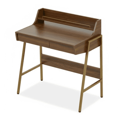 A contemporary desk featuring a dark walnut-effect finish on its top surface, integrated hutch, and two drawers, supported by a geometric brass-finished metal A-frame base. — 3D model (AI enhanced source)