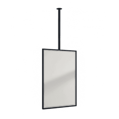 A modern, minimalist full-length mirror suspended from the ceiling by a slender black rod. The rectangular mirror features a thin, clean black metal frame that encases the reflective glass surface. The design suggests a contemporary aesthetic, providing a functional reflective surface without requiring wall or floor support, ideal for open spaces or dressing areas. — 3D model (AI enhanced source)