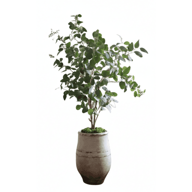 A decorative artificial eucalyptus plant housed within a distressed, off-white ceramic pot. The plant features numerous green, rounded leaves with a lifelike appearance, along with subtle hints of small white buds or flowers. The pot exhibits a rustic aesthetic with horizontal textured bands and a weathered, earthy finish that complements the natural greenery. — 3D model (AI enhanced source)