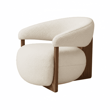 A cream-colored, heavily upholstered lounge chair featuring a distinct rounded silhouette, supported by an exposed dark wood frame that cradles the soft bouclé cushions. — 3D model (AI enhanced source)