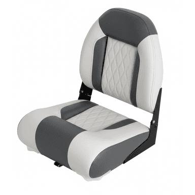 A modern folding marine boat seat featuring a two-tone design in white and dark gray. The seat and backrest are upholstered with marine-grade vinyl, incorporating diamond-quilted patterns on the central white sections. It has black metal hinges allowing the backrest to fold down onto the seat base for compact storage. — 3D model (AI enhanced source)