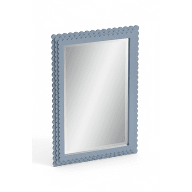 A rectangular wall mirror featuring a distinctively scalloped frame in a pale blue finish. The mirror itself appears to be clear glass, likely with a slight bevel, set within the decorative frame. — 3D model (AI enhanced source)
