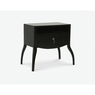 A sophisticated black nightstand featuring a sleek, glossy lacquer finish, an open cubby, and a locking drawer with a key. It stands on elegant curved legs, indicative of an Art Deco design influence. — 3D model (AI enhanced source)