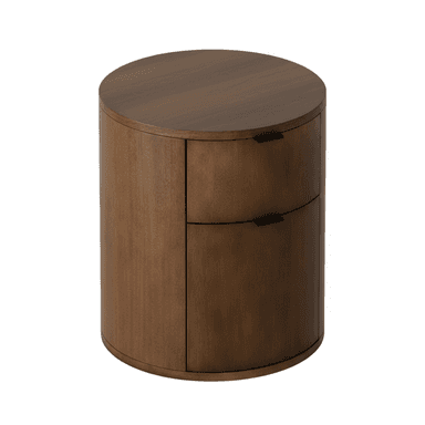 A modern cylindrical nightstand constructed from dark brown wood. It features a flat circular top, two vertically stacked drawers with sleek black integrated handles on one side, and a curved cabinet door on the opposing side, maintaining a seamless appearance. The overall design is minimalist and contemporary. — 3D model (AI enhanced source)
