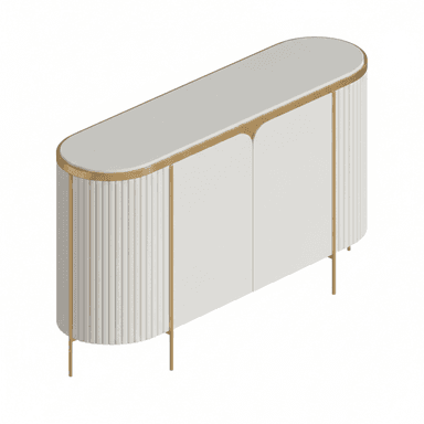 A contemporary white and gold sideboard featuring an elongated oval top, two central cabinet doors, and distinct fluted curved ends, all supported by slender gold-finished metal legs. — 3D model (AI enhanced source)