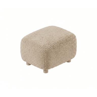 A rectangular ottoman or footrest upholstered in a light beige, fluffy, boucle-textured fabric, supported by four short, light-colored wooden cylindrical legs. — 3D model (AI enhanced source)