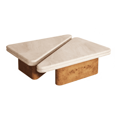 A modular coffee table set consisting of two triangular units. Each unit features a thick, rounded tabletop made of light beige travertine, resting on a geometric base constructed from golden-brown burl wood. — 3D model (AI enhanced source)