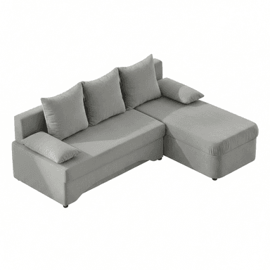 An L-shaped sectional sofa upholstered in light grey fabric, featuring a main sofa section and a connected chaise lounge. It includes multiple loose back cushions and a detached armrest cushion, suggesting a modern, functional design with potential for convertibility or storage. — 3D model (AI enhanced source)